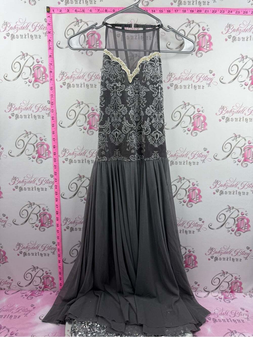 Weissman dress Charcoal Gray Embroidered Maxi Dress with Gold Trim